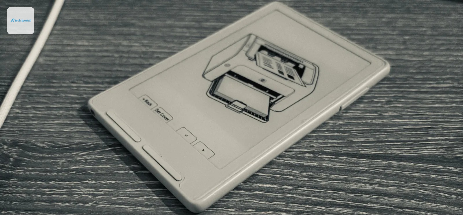 The Xteink X3 displaying a black-and-white drawing of a printer.