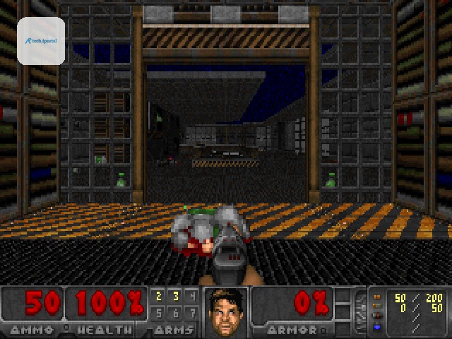 E1M1 rendered by Firebird: the opening room, a dead zombieman and the status bar