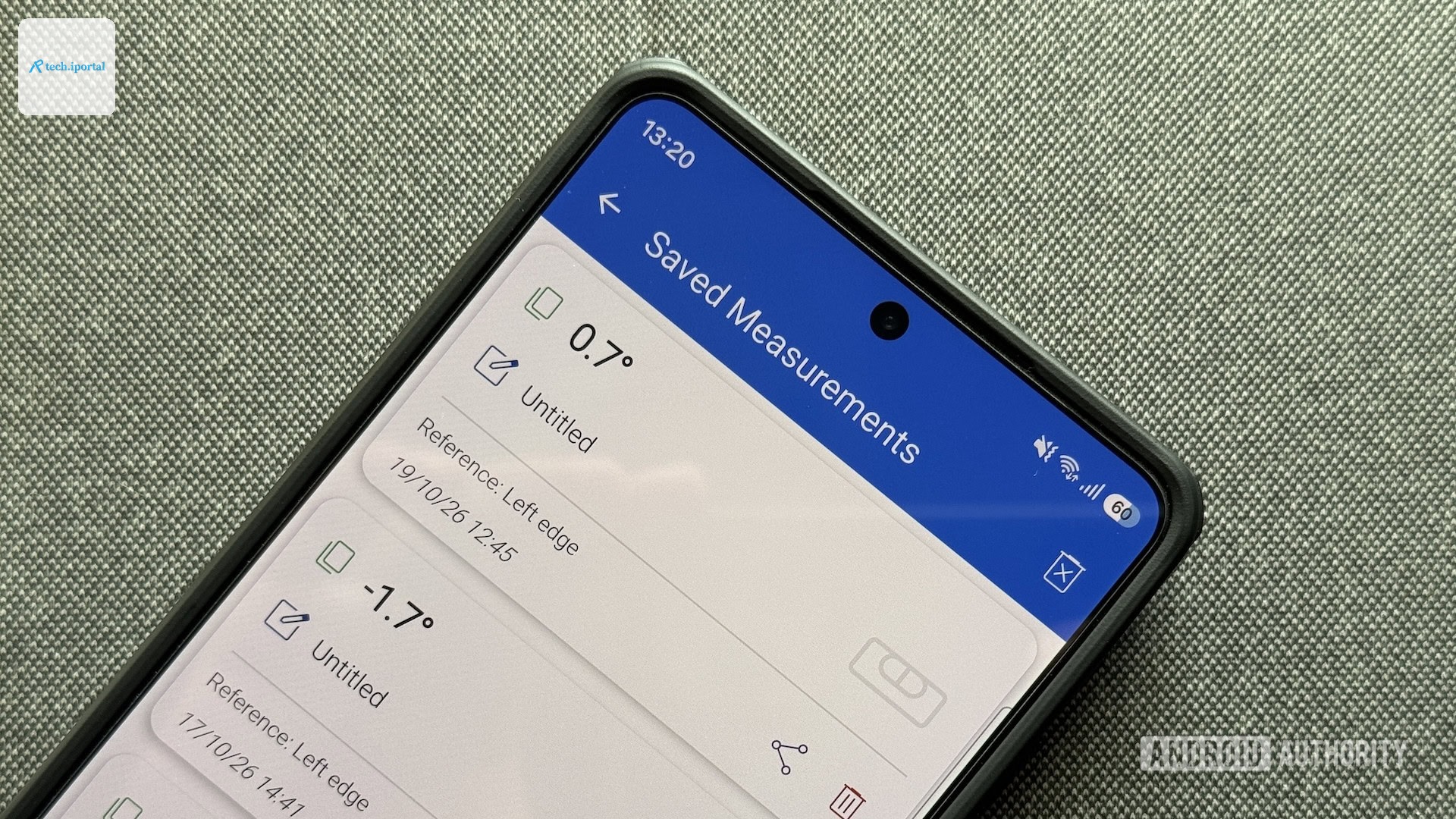Saved Measurements screen on the Bubble Level Android app.