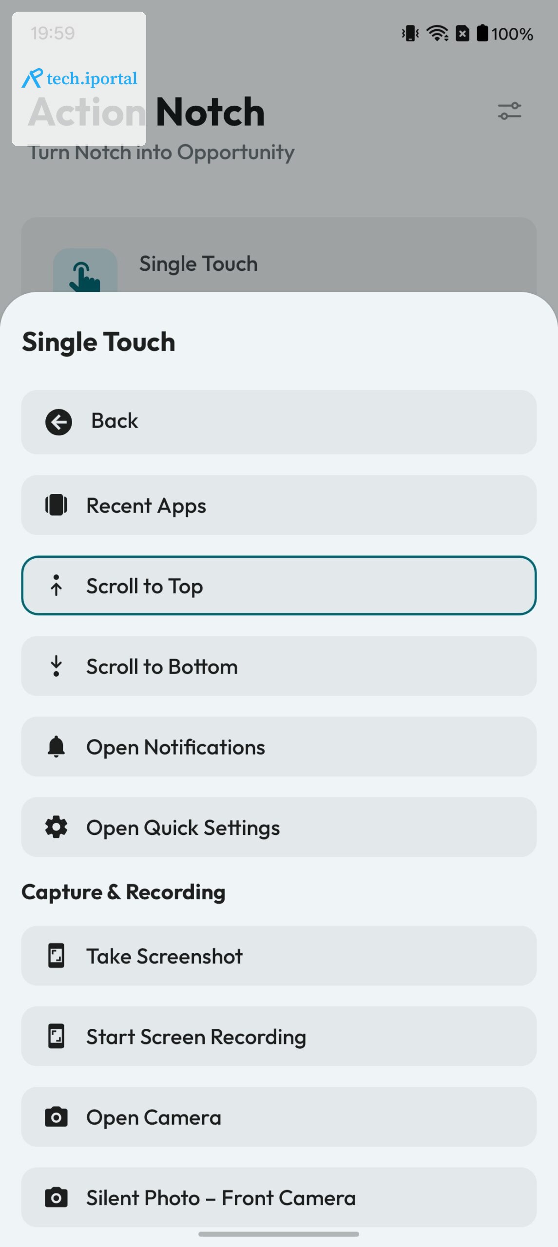 Selecting an action for the Single Touch gesture in Action Notch.