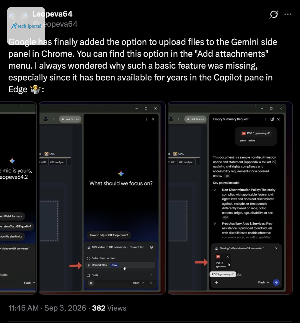Gemini in Chrome side panel - add attachments menu