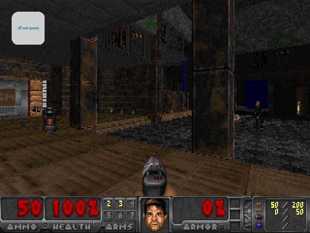 E1M2: pillars, steps and a lit doorway