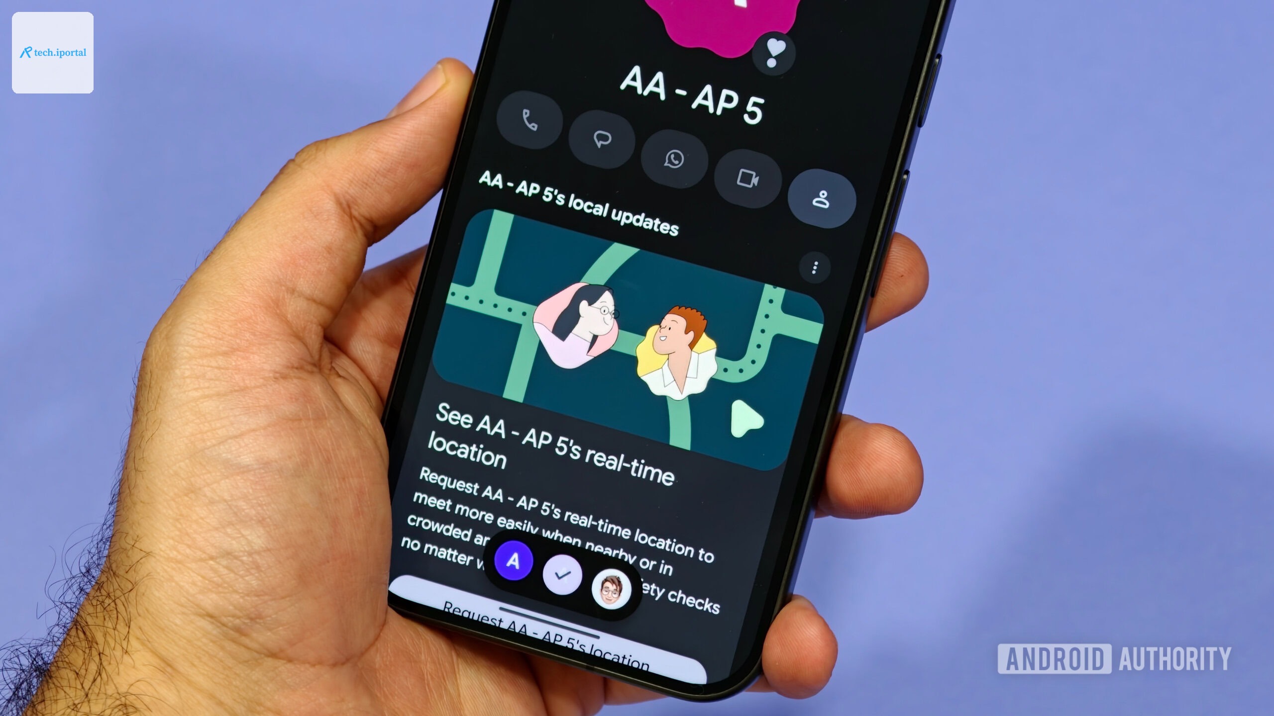 Pixel VIPs contact card showing local updates and real-time location sharing card