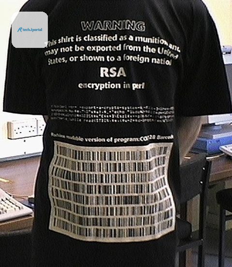 T-shirt printed with RSA code and the words: this shirt is classified as a munition and may not be exported from the United States