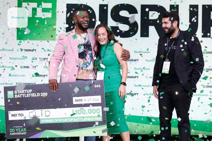 Kevin A. Damoa, Founder & CEO, Glīd, Claire Kroft and Ankit Malhotra, winners of the Startup Battlefield 2025, pose onstage during day three of TechCrunch Disrupt 2025 at Moscone Center on October 29,