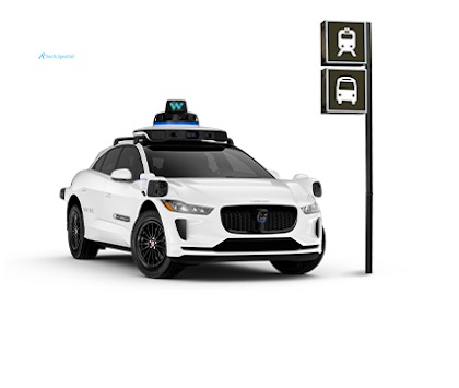 White Waymo autonomous car parked next to a public transit sign on a plain white background.