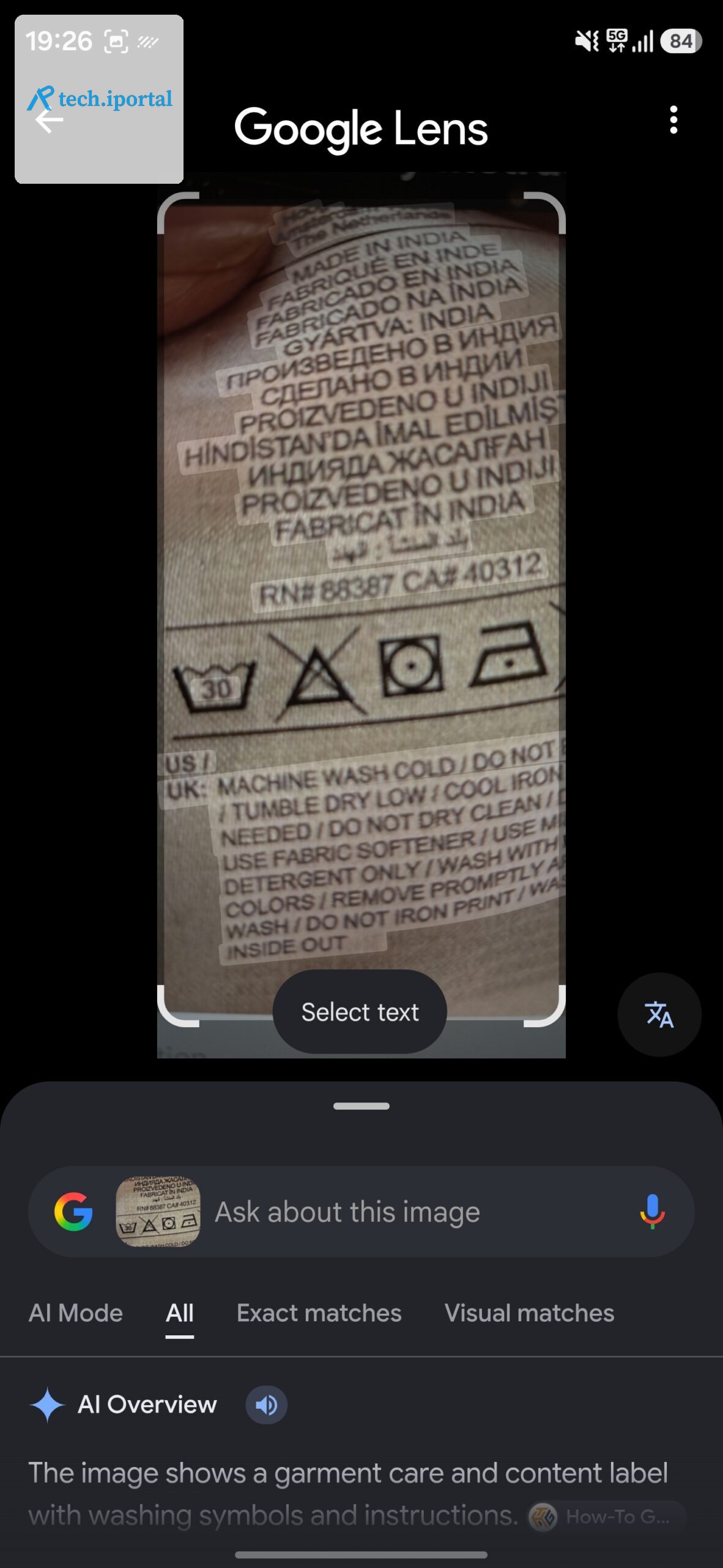 Looking up a laundry label's symbols in Google Lens.