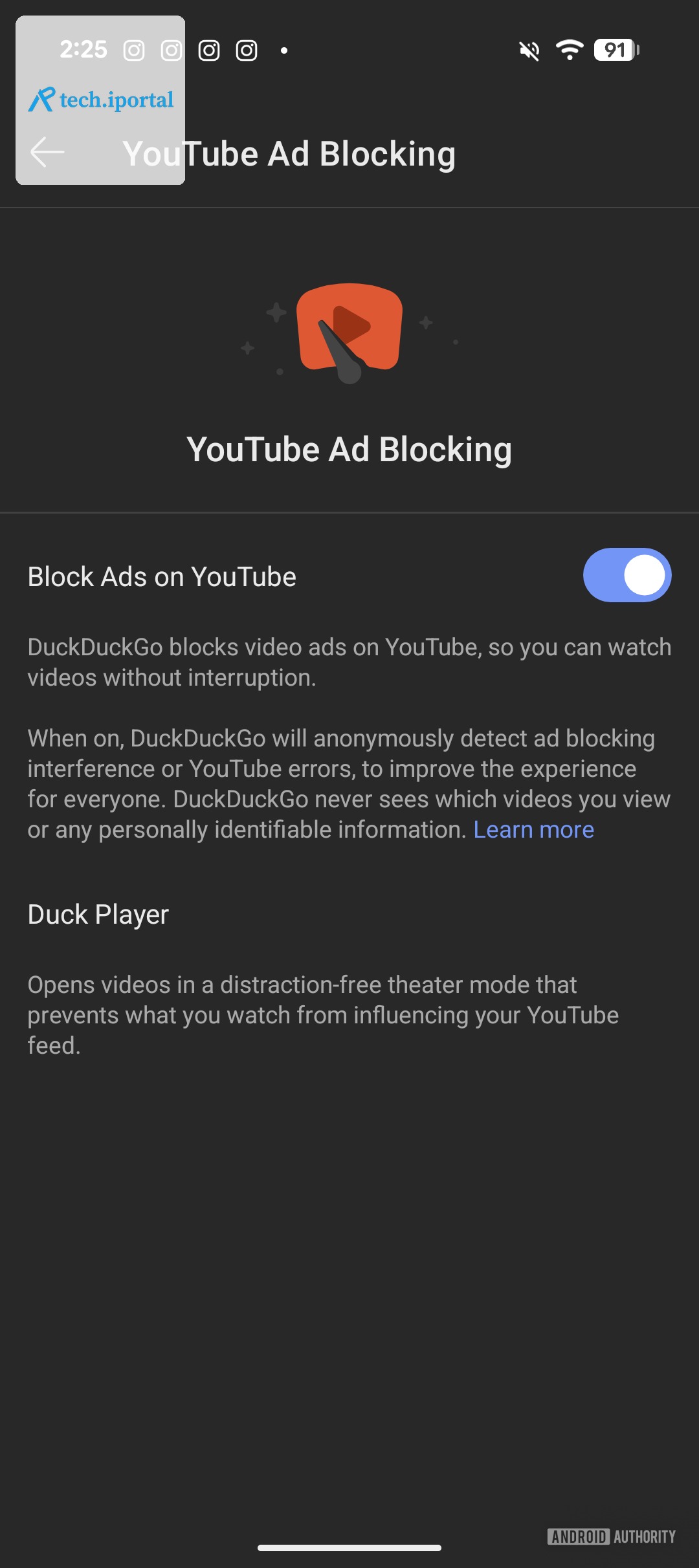 Block ads on YouTube enabled on DuckDuckGo browser