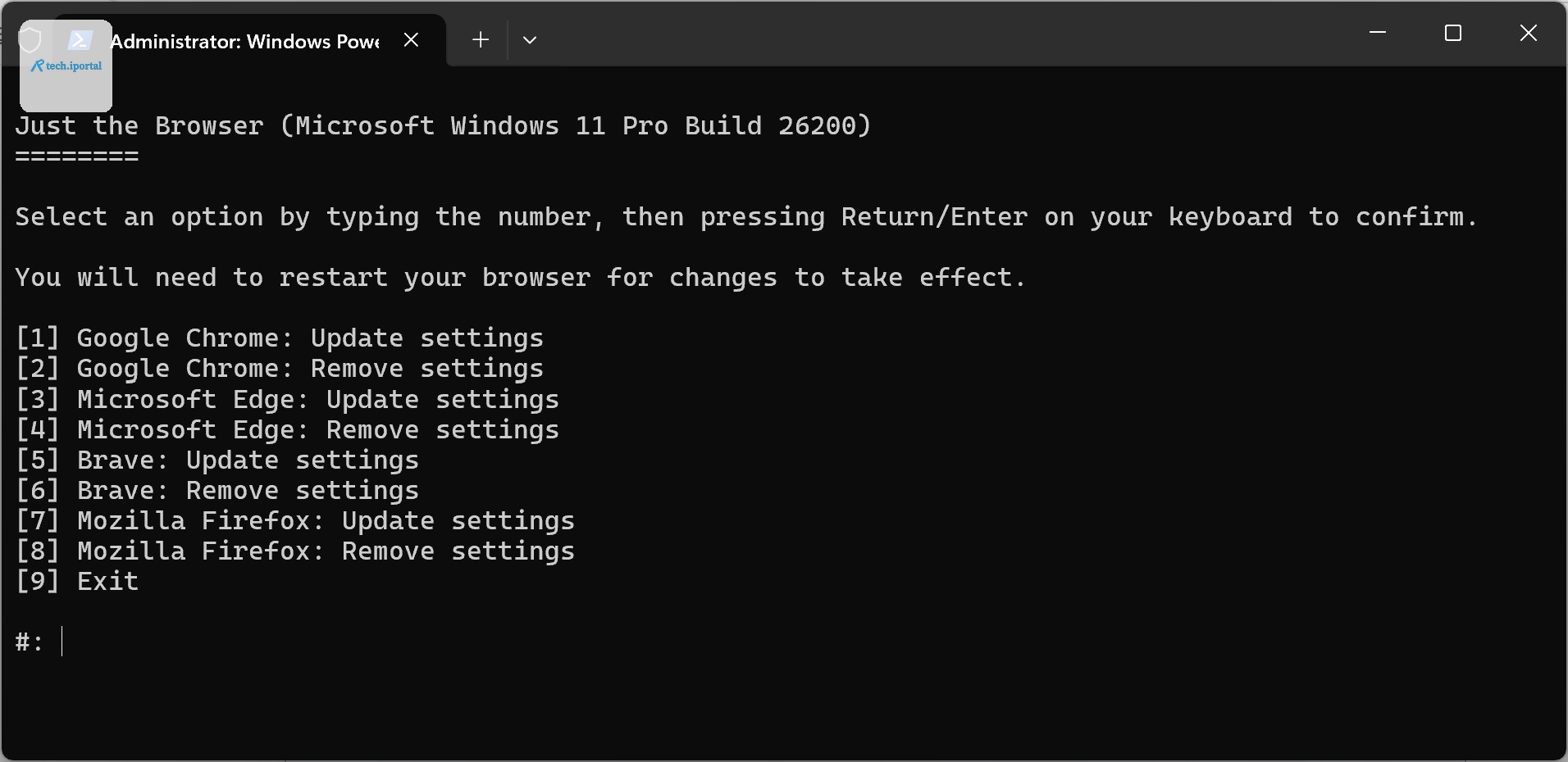 A browser selection menu in a PowerShell window