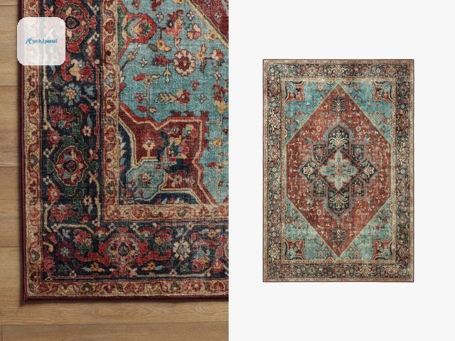 Left: Close up of brown, teal, and red rug with ornate geometric patterns. Right: Overhead view of rug isolated.