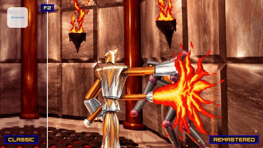 The same frame in the classic and the remastered look, a divider sweeping between them