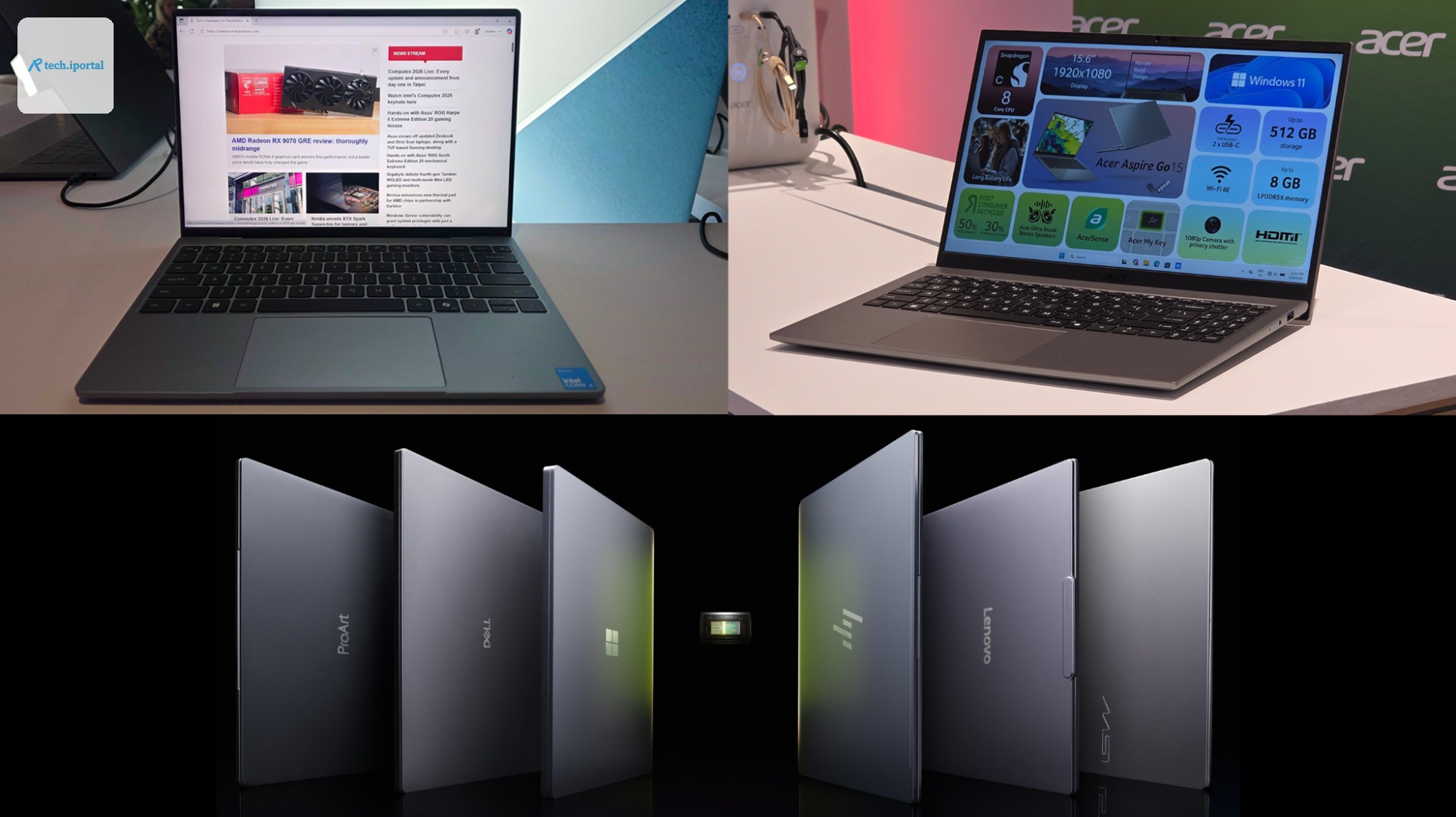 Two images of laptops at Computex, with a render of an array of them in the bottom half.