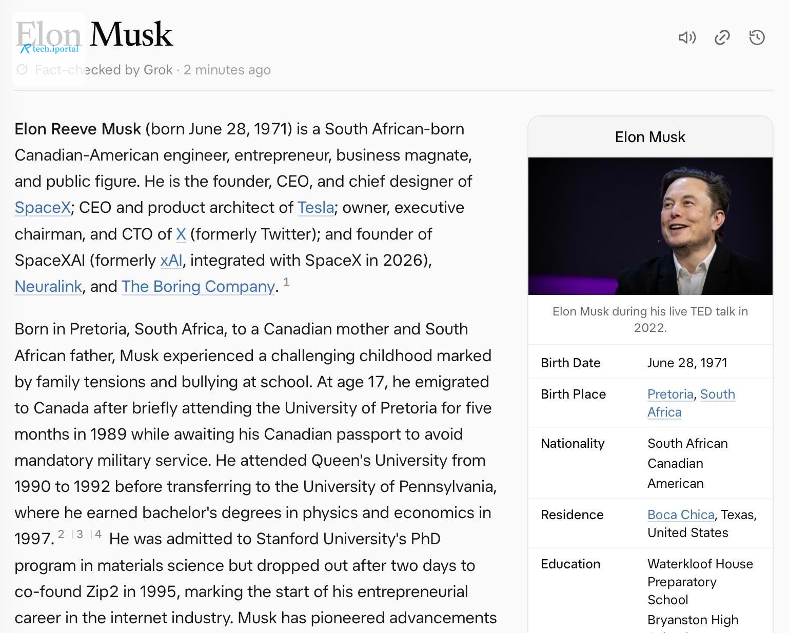 A screenshot of a Grokipedia v0.3 article text for Elon Musk.