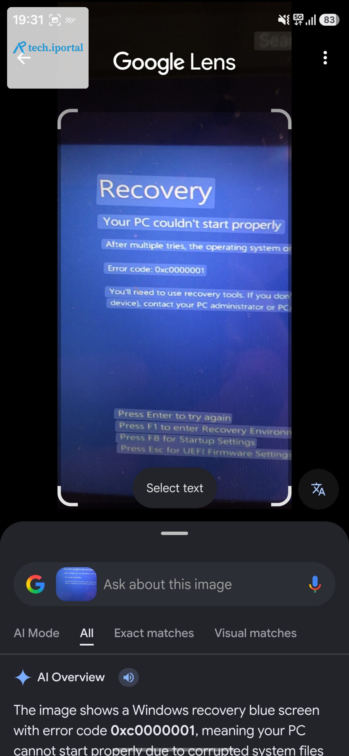 Looking up a PC's error in Google Lens.
