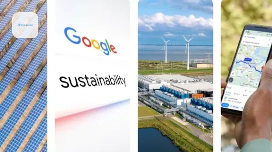 Image 1: Aerial view of a solar panel array with rows of panels arranged in a grid pattern.Image 2: The Google logo appears above the word "Sustainability" in a clean design.Image 3: Aerial view of a