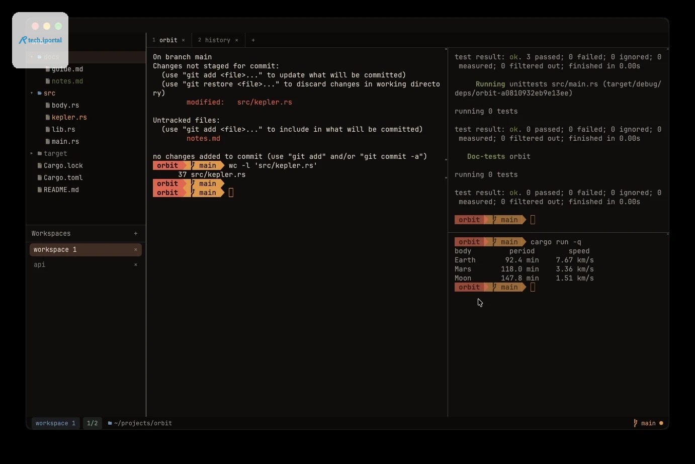 OmniPTY: the file tree drawer with its workspaces panel, two tabs above three split panes running git status, cargo test and cargo run, and a git-aware status bar