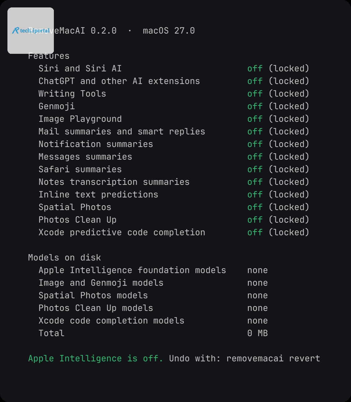 Output of removemacai status