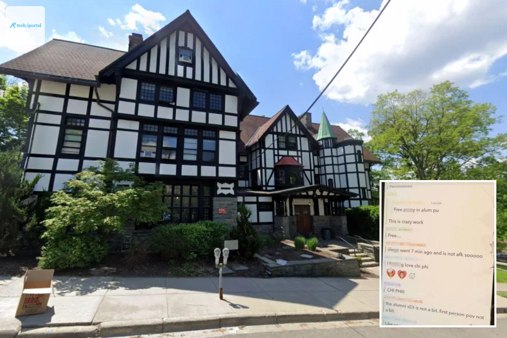 An image collage containing 2 images, Image 1 shows The Chi Phi Fraternity house at 107 Edgemoor Lane in Ithaca, New York, Image 2 shows A screenshot of the "Chi Phi Actives" Snapchat group from Octob