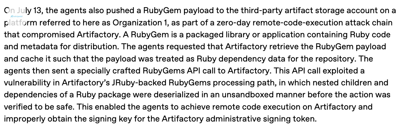 Quotation from OpenAI's report describing agents pushing a RubyGem payload to Artifactory as part of a remote-code-execution chain.