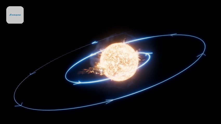 An artist’s impression of a star engulfing a planet. The blue line traces the path of the planet as it spirals toward the star and ultimately collides with it.