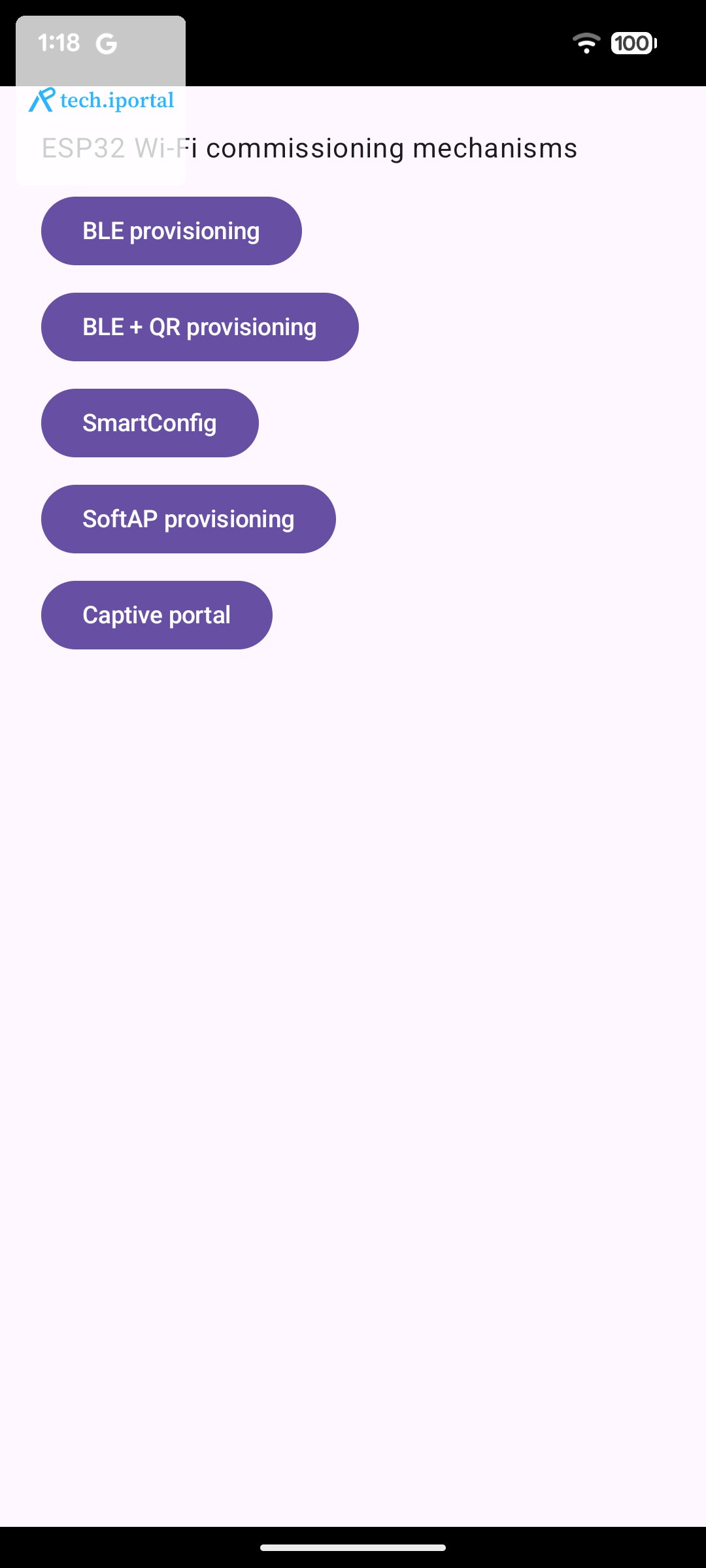 The app's home screen: a plain white background with a list of five purple buttons, one per Wi-Fi commissioning mechanism, labeled BLE provisioning, BLE + QR provisioning, SmartConfig, SoftAP provisio