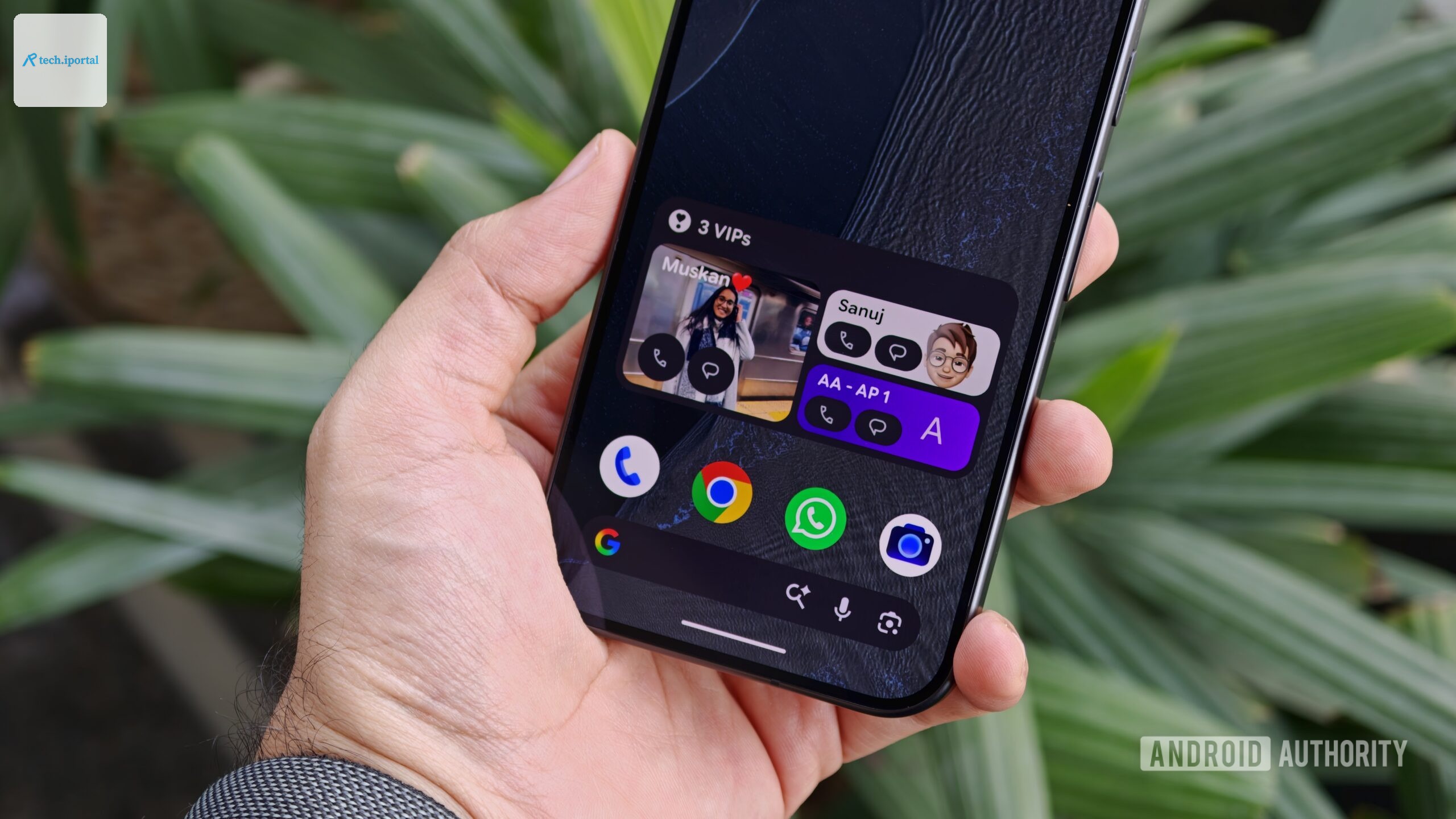 A hand holding an Android smartphone displaying the configured VIPs home screen widget with three pinned contacts
