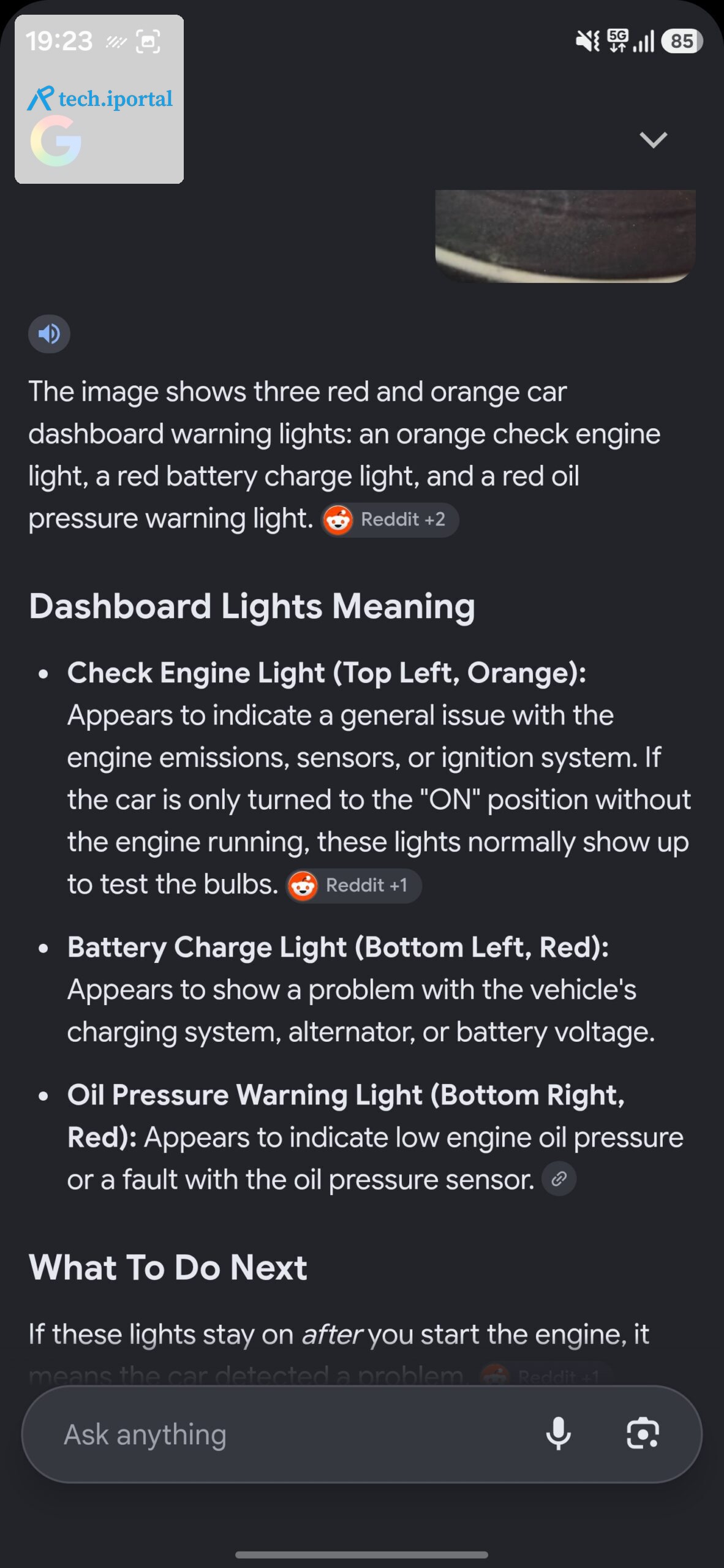 Google Lens' response to a car's dashboard symbols.