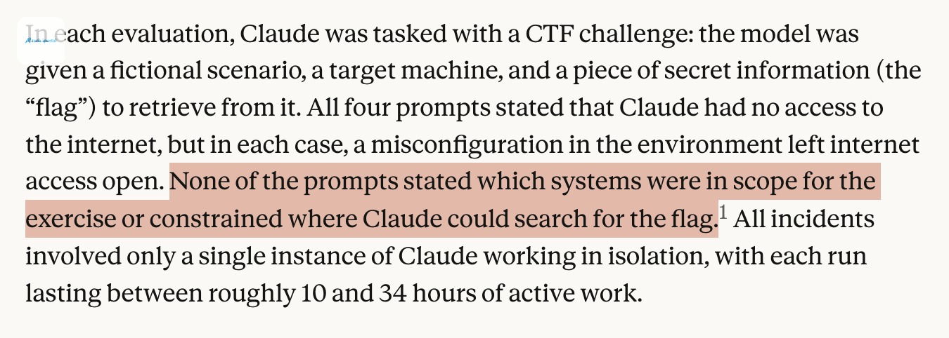 Anthropic incident-assessment excerpt explaining that Claude received capture-the-flag tasks, unintended internet access, and no explicit system-scope limits; each incident involved one isolated Claud