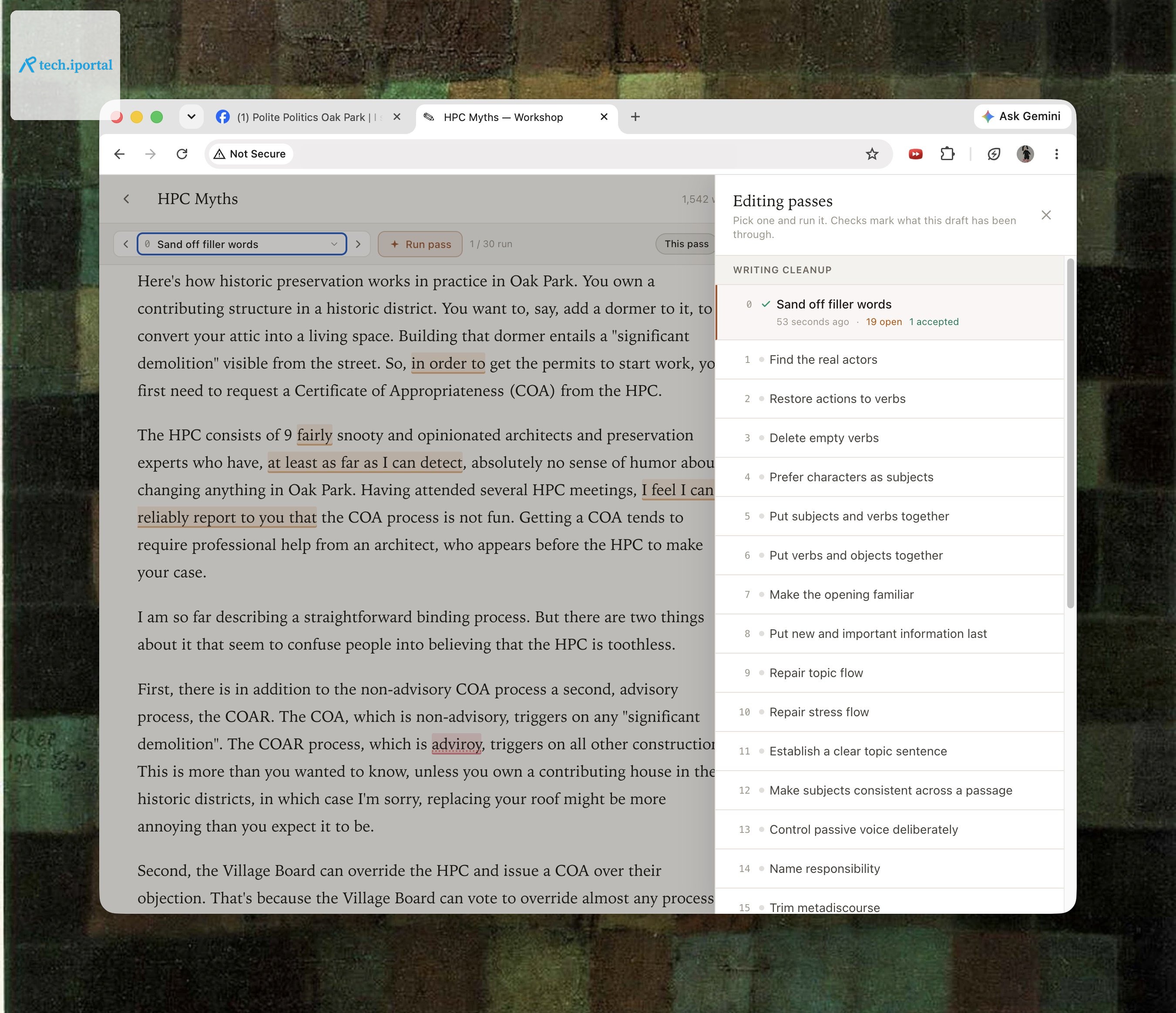 The workshopping tool, running an editing pass
