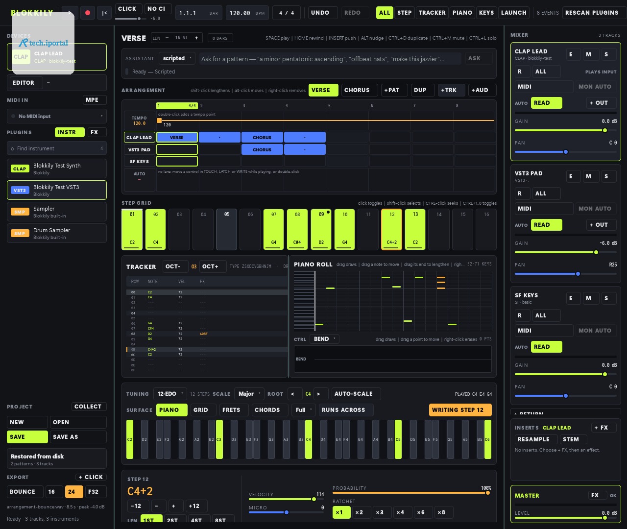 Blokkily workstation showing an arrangement, synchronized editors, plugin browser, mixer, and keyboard