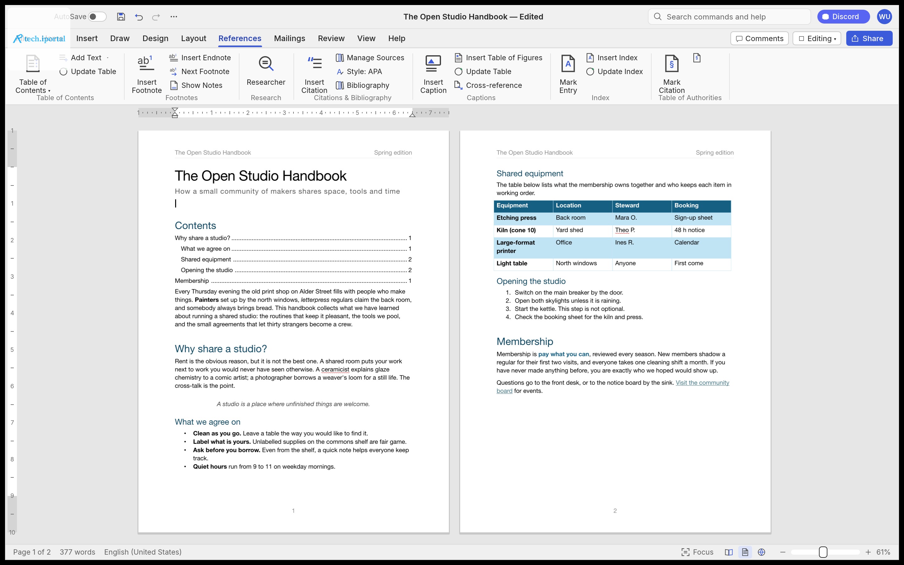 The References tab with two pages side by side: a table of contents with dotted leaders and page numbers on page one, and a styled table, numbered list and hyperlink on page two