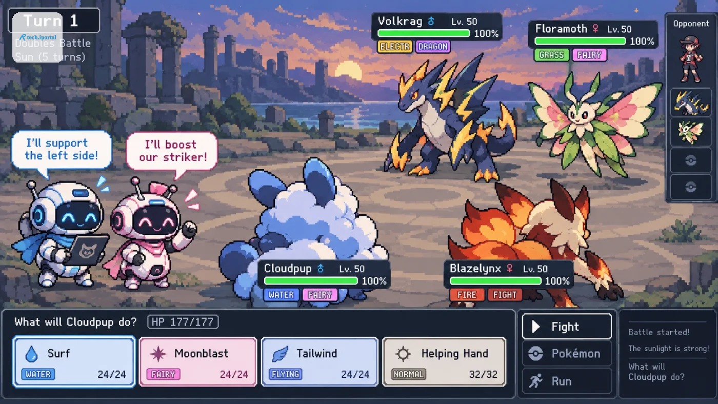 Two AI teammates planning their moves in a Pokémon-style double battle