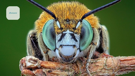 A close-up of a bee’s head, showing its large eyes, antennae and fuzzy body.