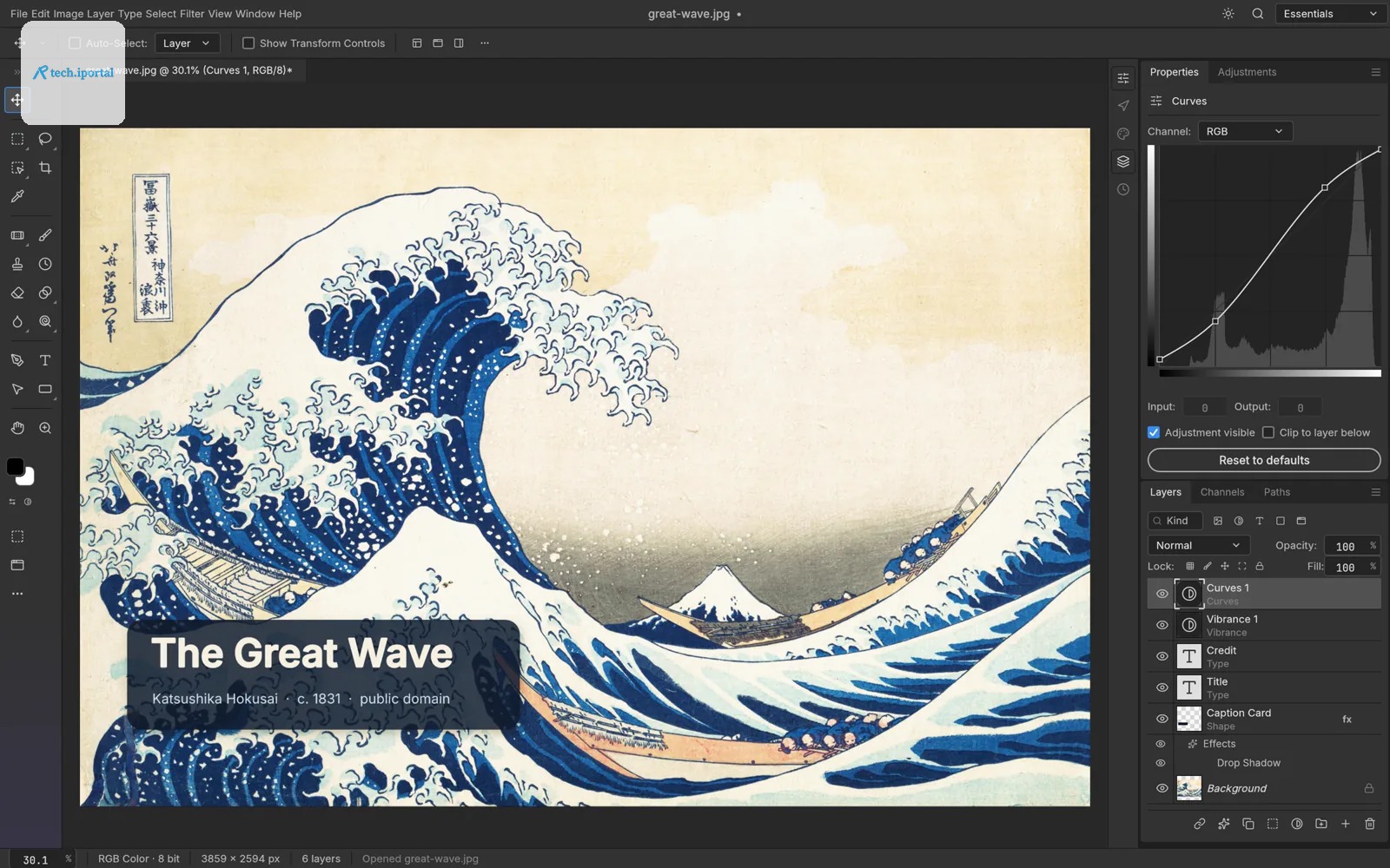 PhotoCraft editing The Great Wave off Kanagawa with a Curves adjustment and type layers in the Layers panel