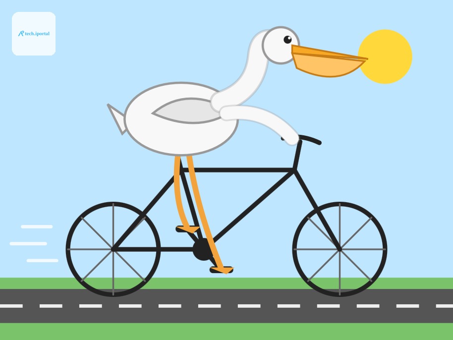 Minimalist flat illustration of a white pelican with an orange beak riding a black bicycle, its orange legs pedaling, with motion lines behind it on a light blue background.