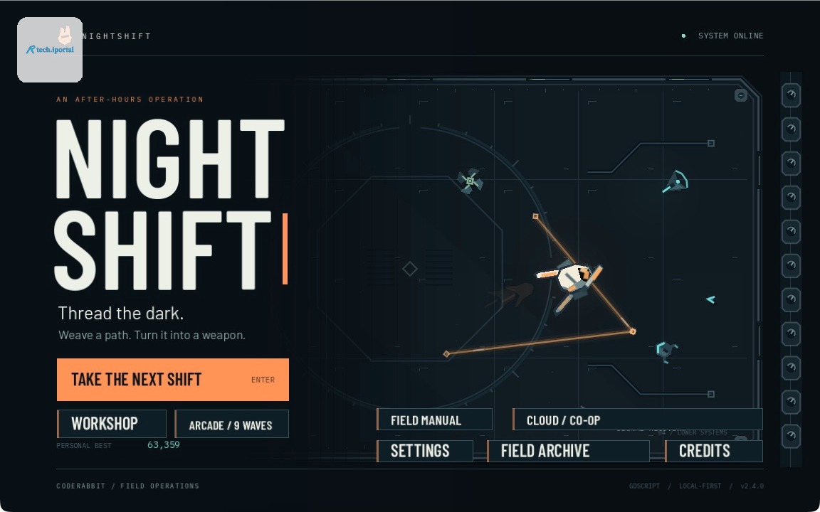 NIGHTSHIFT title screen, with the player character and glowing orange filaments.