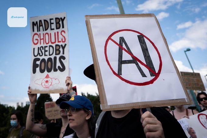 A sign opposed to AI is held during a protest against AI data centers in Vancouver, British Columbia, Canada, on Saturday, June 27, 2026. Canadians aren't universally sold on building sovereign comput