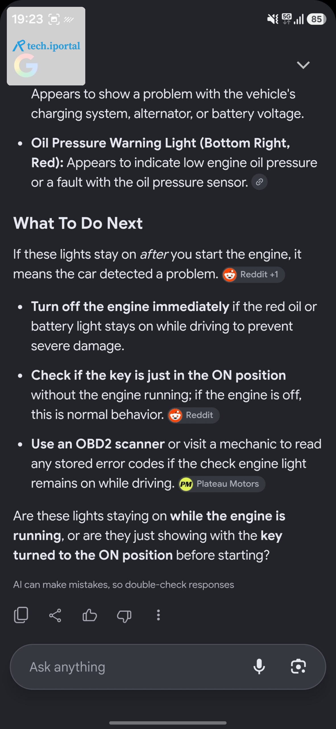 Google Lens suggestion what to do to fix a car's issue.