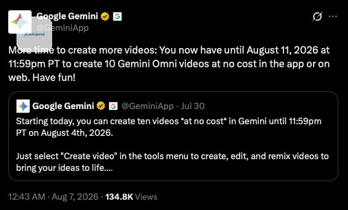 Gemini app post for Gemini Omni free access