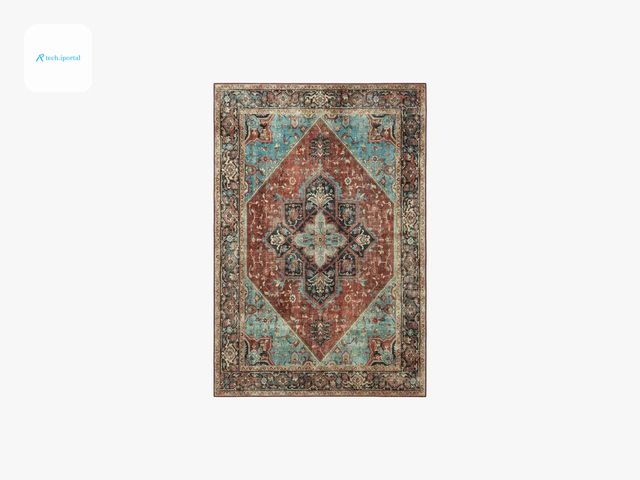 Brown, teal, and red rug with ornate geometric patterns