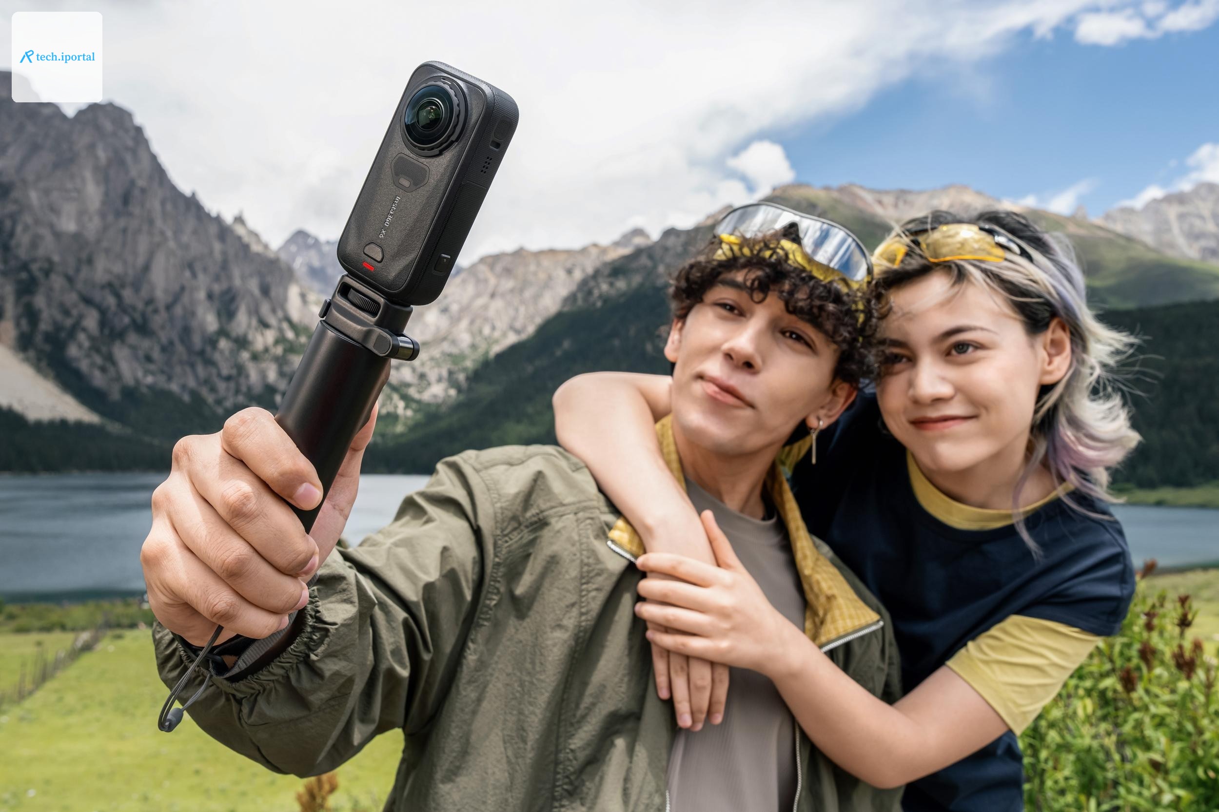 The Insta360 X6, on a selfie stick.
