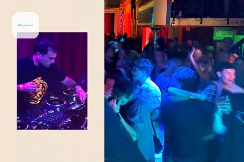 Left: Ros Atkins at a turntable. Right: a crowd