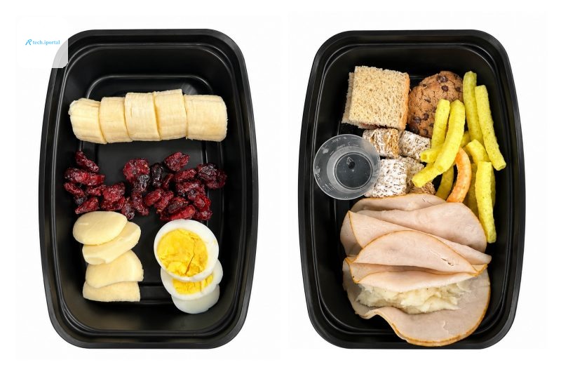 Two black trays of food, one of minimally processed and one of highly processed food