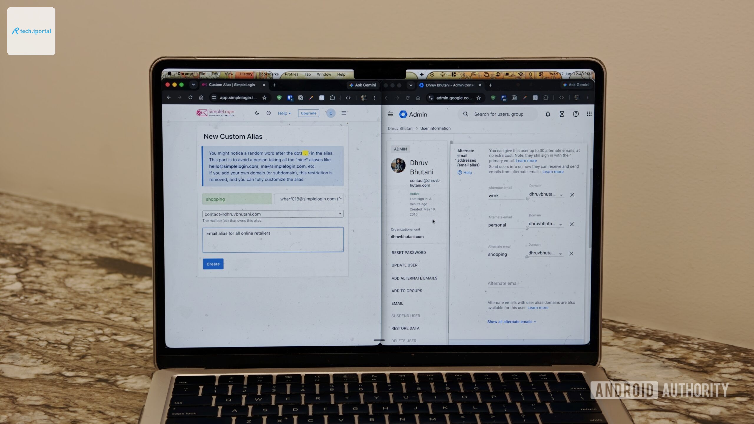 Email alias creation screen on laptop with Simple Login and Google Workspace open