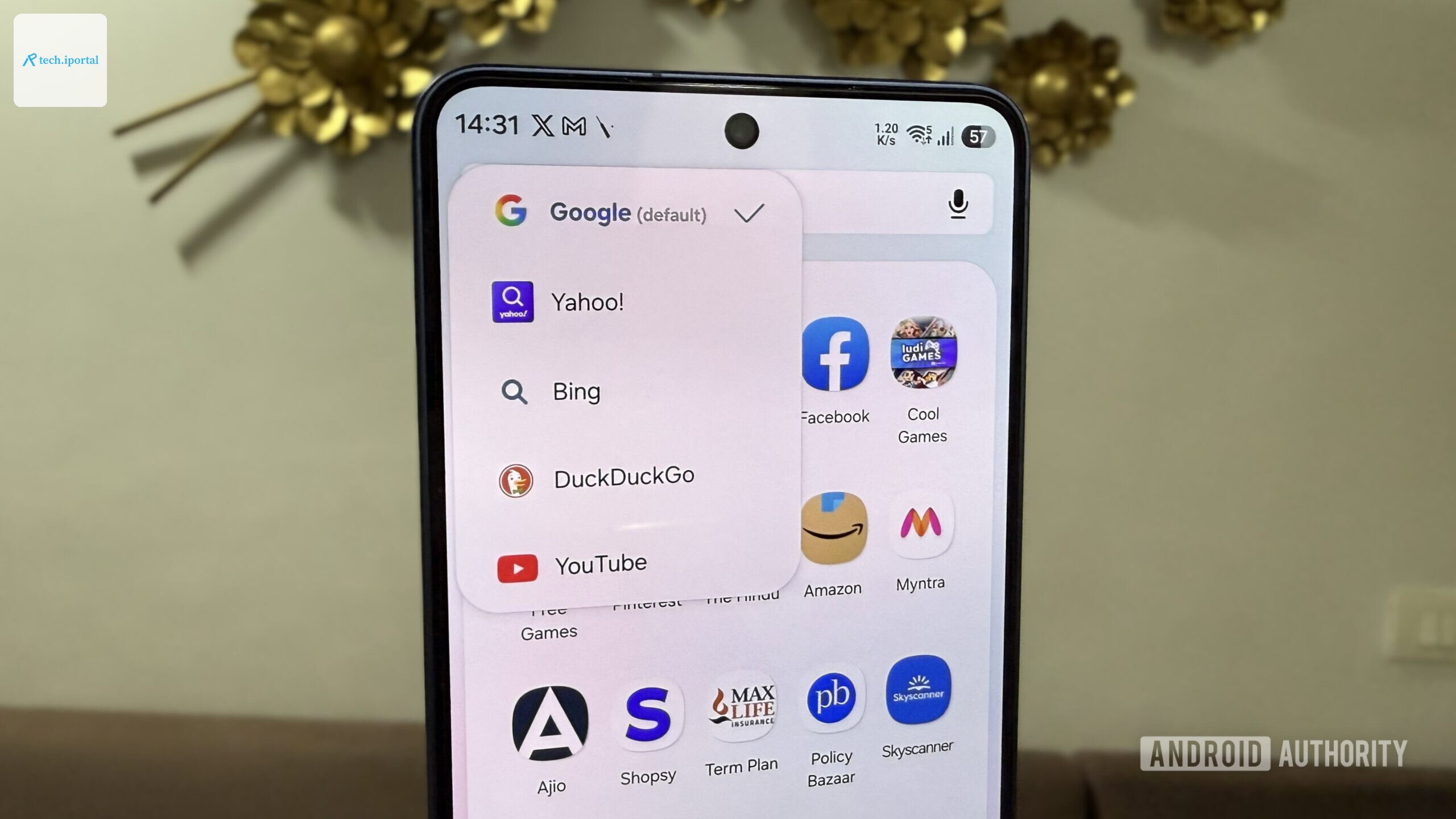 Phone showing Samsung Internet browser search engine menu