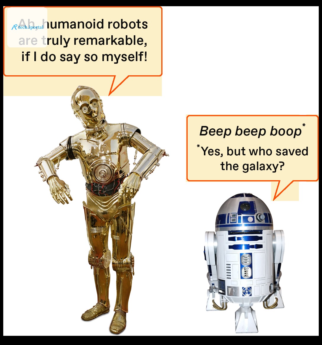 C-3PO and R2-D2 droids from Star Wars, with C-3PO speech bubble saying 'Ah, humanoid robots are truly remarkable if I do say so myself,' and R2-D2 speech bubble replying 'Beep beep boop' with an aster