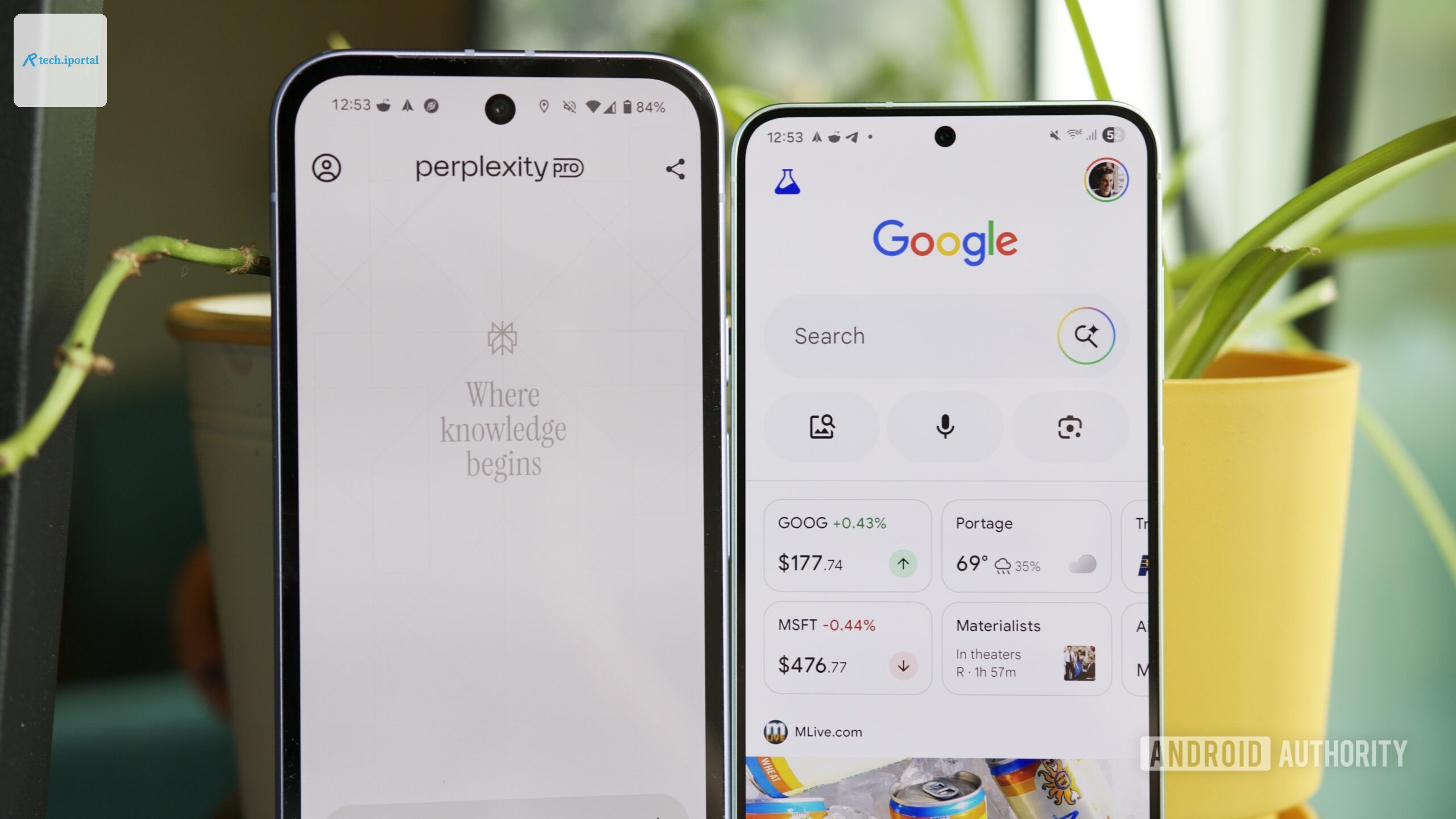 Two Android phones, one running the Perplexity app, another running the Google app.