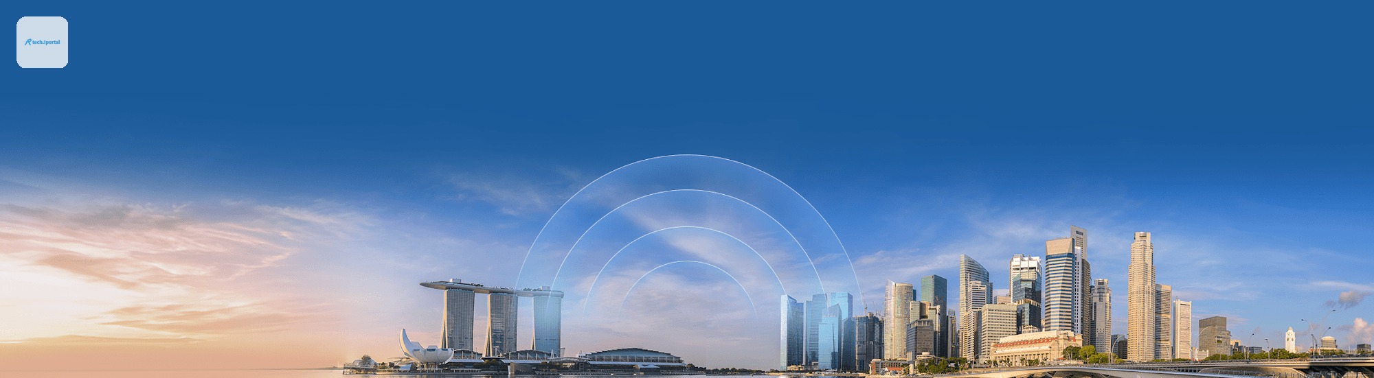 Singapore skyline panorama with blue connectivity signal waves arching over the city at sunrise.