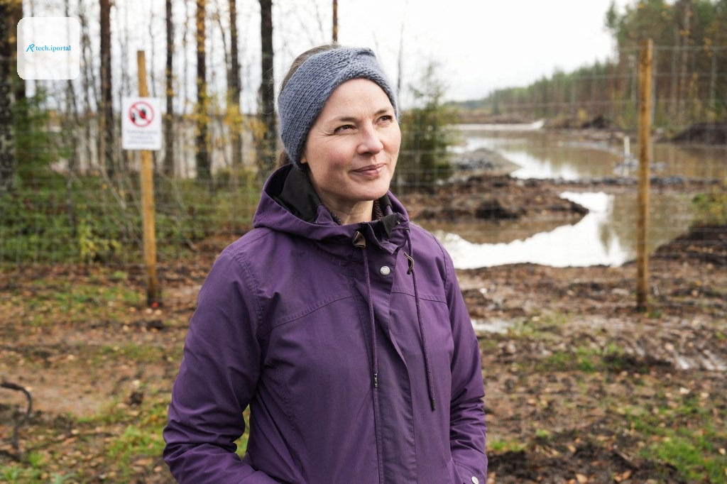 Hanna Halmenpaa, chair of the board of the Finnish Association for Nature Conservation, is pictured near the site where Google's new data center is set to be built before construction was suspended.