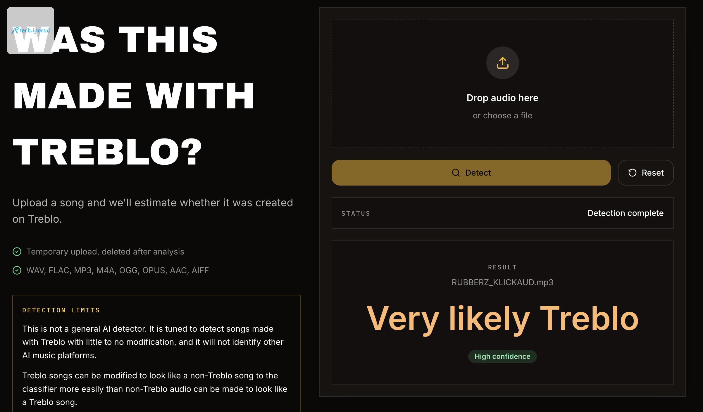 Screenshot of the Treblo AI Music Classifier.